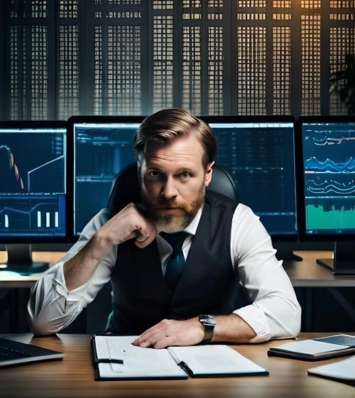 Un homme qui nous regarde, au milieu d’une sale de trading